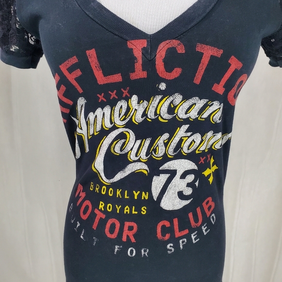 Affliction Women’s T-Shirt American Customs Motor Club Y2K Lace V-neck  Sz S - Picture 6 of 10